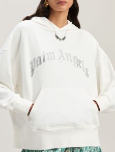 RHINESTONE CURVED LOGO HOODY OFF WHITE