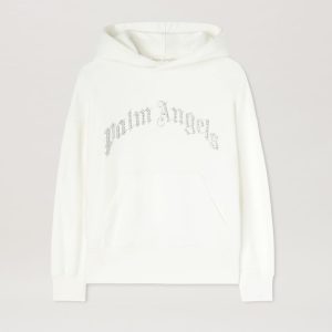 RHINESTONE CURVED LOGO HOODY OFF WHITE